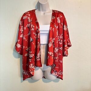 Forever 21 Red Cherry Blossom Floral Satin Kimono Size S